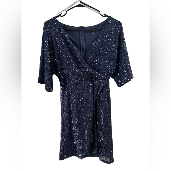 Lulus navy blue sequin faux wrap mini dress - Picture 4 of 7